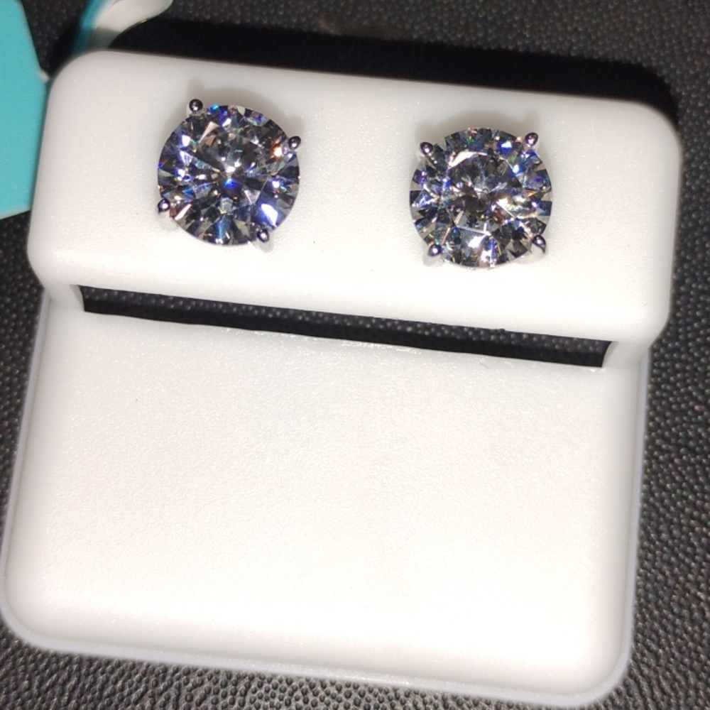 Sterling Silver Moissanite Stud Earrings - Clear Sparkle - Picture 2 of 5